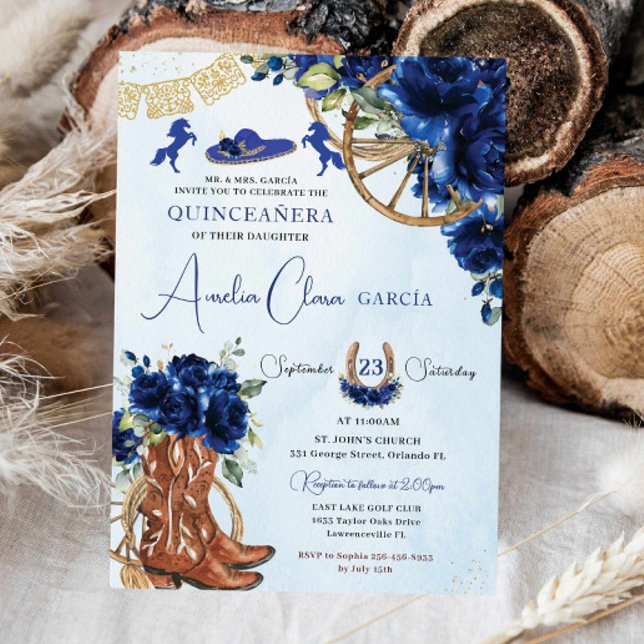 Invitation Royal Blue Floral Charro Cowgirl Quinceanera XV 15 (Créateur téléchargé)