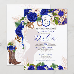 Invitation Royal Blue Floral Crest Rose Charro Quinceañera