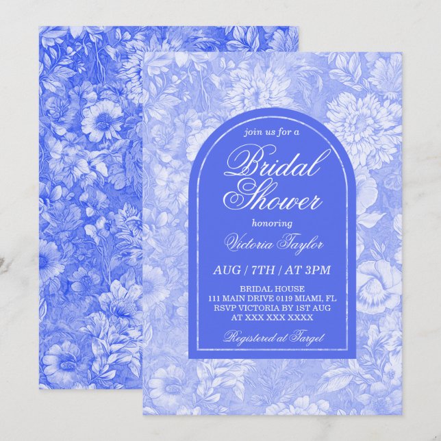 Invitation Royal Blue Floral Fête des mariées victorienne (Devant / Derrière)