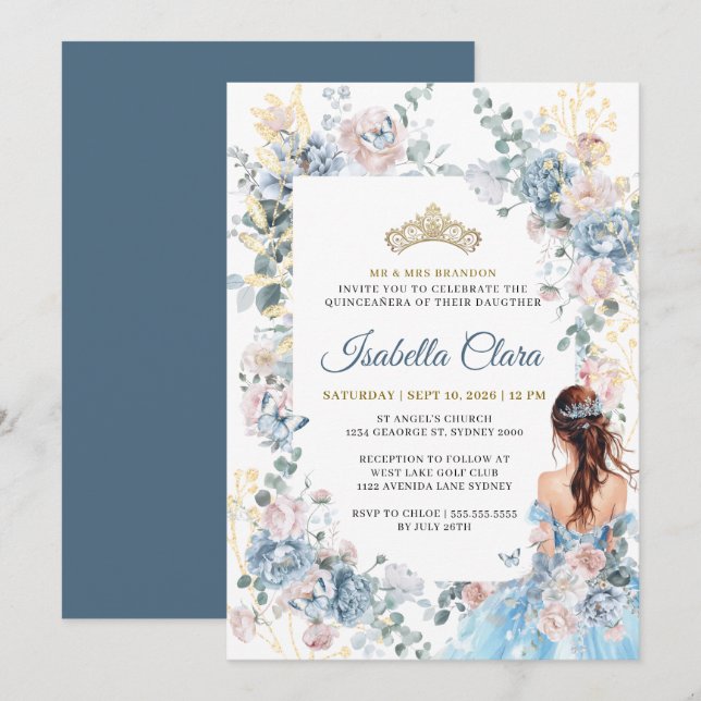 Invitation Royal Blue Floral Garden Quinceanera (Devant / Derrière)