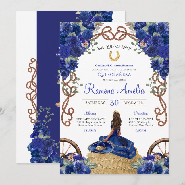 Invitation Royal Blue Floral Ouest Charra Quinceañera (Devant / Derrière)