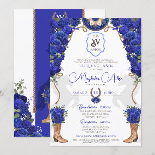Invitation Royal Blue Floral Ouest Charro Quinceañera