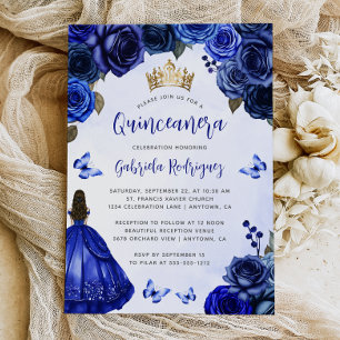 Invitation Royal Blue Floral Princess Aquarelle Quinceañera