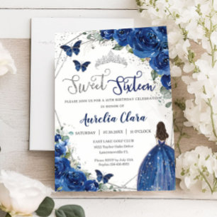 Invitation Royal Blue Floral Princess Sweet 16 Anniversaire