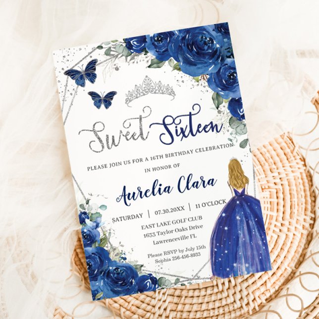 Invitation Royal Blue Floral Princess Sweet 16 Anniversaire (Créateur téléchargé)