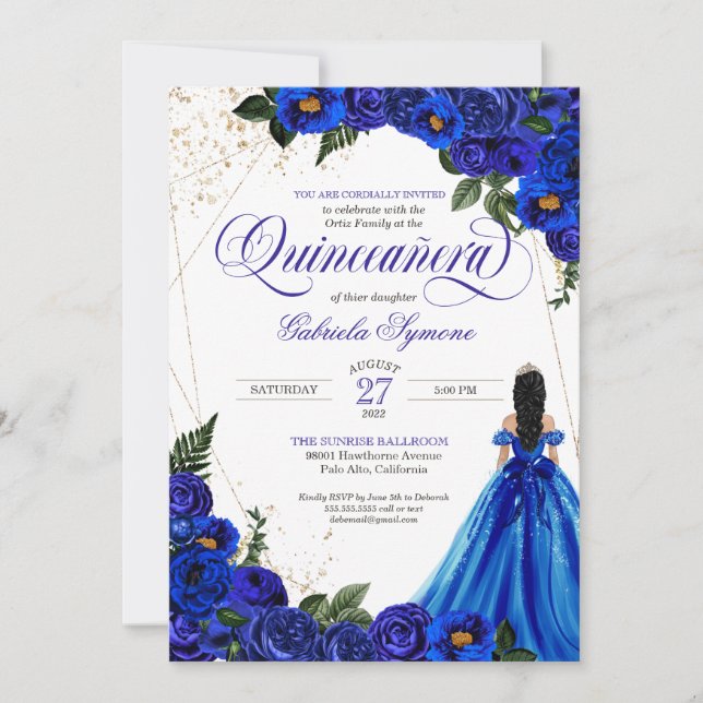 Invitation Royal Blue Floral Rose & Gold Elegant Quinceañera (Devant)