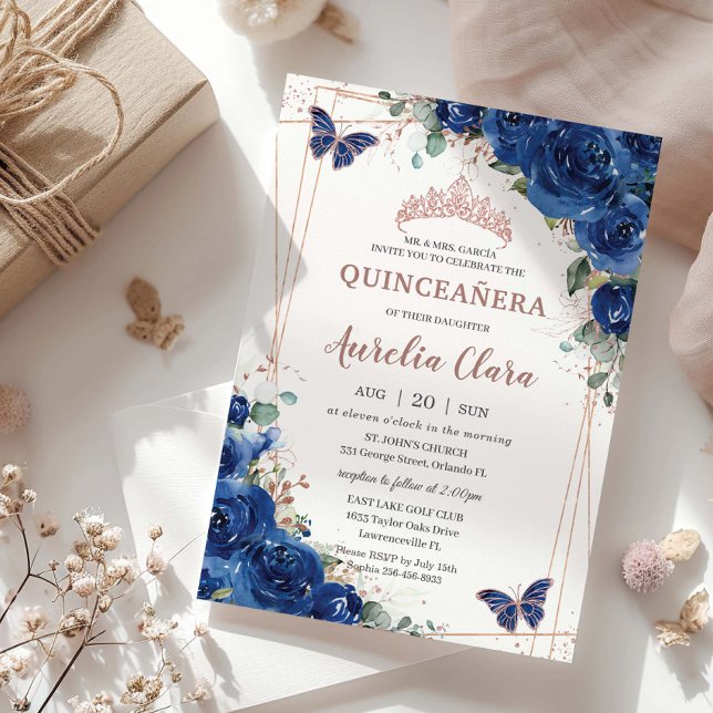 Invitation Royal Blue Floral Rose Gold Quinceañera Anniversai (Créateur téléchargé)