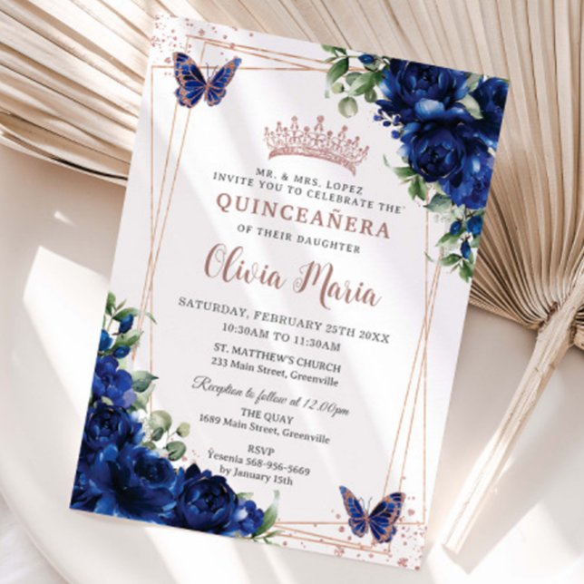 Invitation Royal Blue Floral Rose Gold Quinceañera Papillon (Créateur téléchargé)
