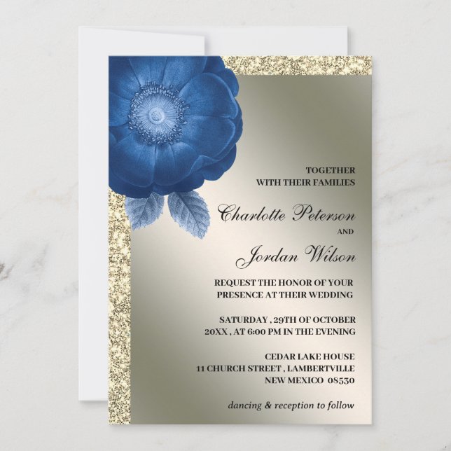 Invitation Royal Blue Floral & Silver Parties scintillant Mar (Devant)