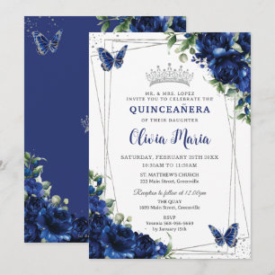 Invitation Royal Blue Floral Silver Quinceañera Papillons