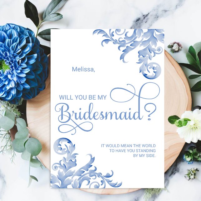 Invitation Royal Blue Flouring Serez-Vous Ma Femme D'Accueil (Elegant watercolor swirls will you be my bridesmaid card.)