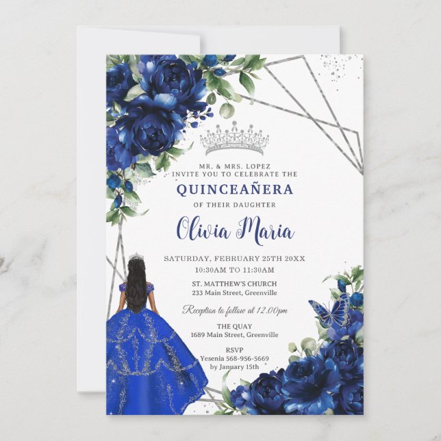 Invitation Royal Blue Flowers Princesse Silver Quinceañera (Devant)