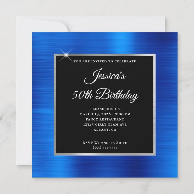 Invitation Royal Blue Foil argent et noir 50e anniversaire (Devant)