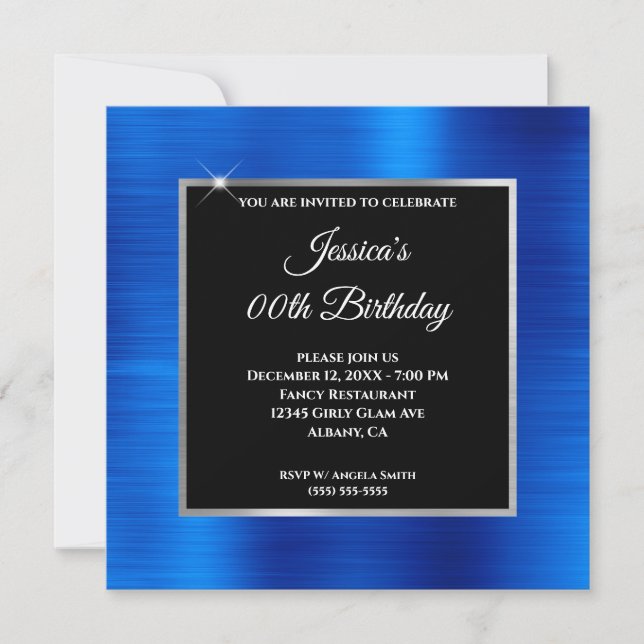 Invitation Royal Blue Foil Glam Silver Black Overlay Annivers (Devant)