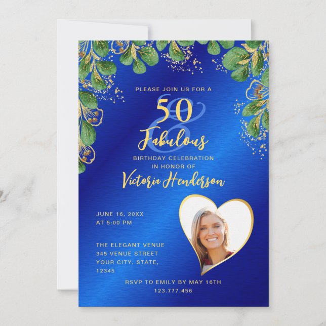 Invitation Royal Blue & Gold 50 & Fabulous Greenery Birthday (Devant)