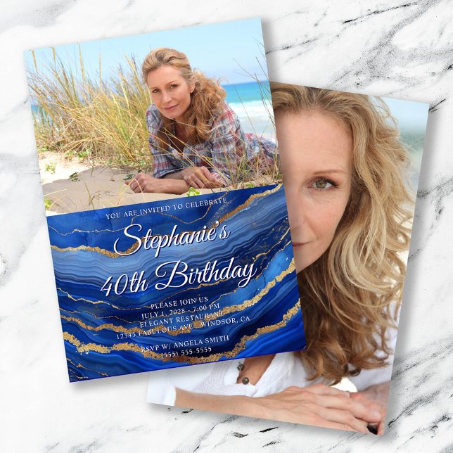 Invitation Royal Blue Gold Agate Élégante photo 40e anniversa (Royal Blue Gold Agate Elegant Script 40th Birthday)