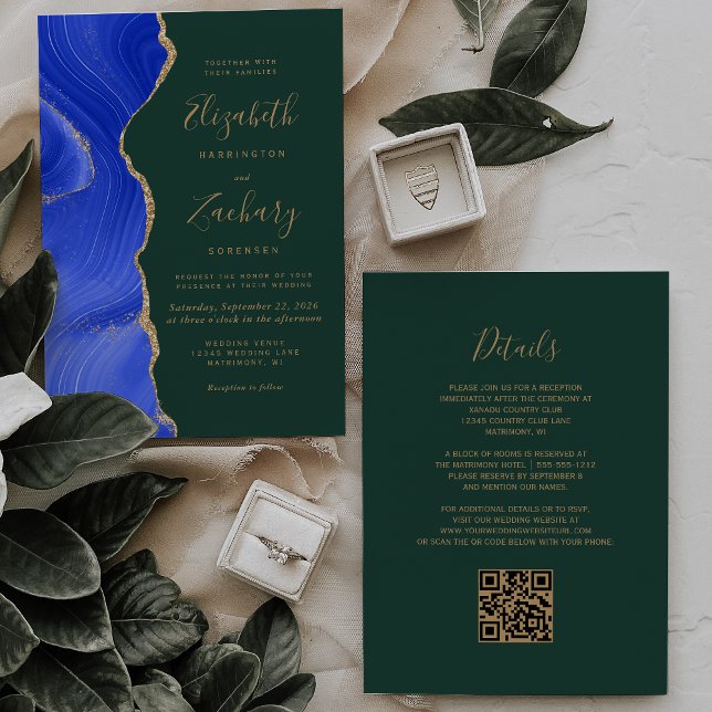 Invitation Royal Blue Gold Agate Emerald QR Code Mariage (Créateur téléchargé)
