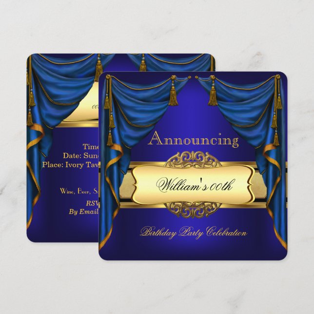 Invitation Royal Blue Gold Anniversaire Party Hommes 2 (Devant / Derrière)