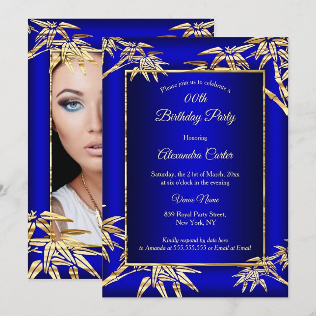 Invitation Royal Blue Gold Bamboo photo Anniversaire (Devant / Derrière)