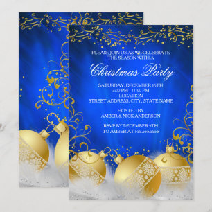 Invitation Royal Blue Gold Bauble White Christmas Party