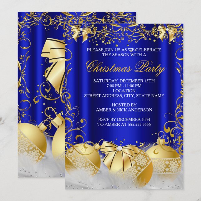 Invitation Royal Blue Gold Bow Bauble White Christmas Party (Devant / Derrière)