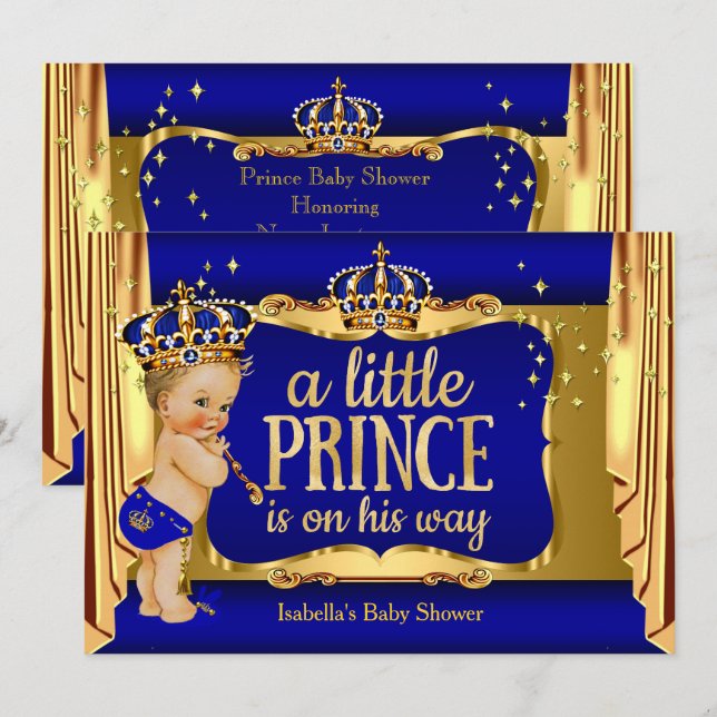 Invitation Royal Blue Gold Boy Prince Baby shower Blonde (Devant / Derrière)