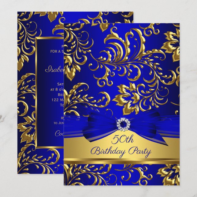 Invitation Royal Blue Gold Damask 50e anniversaire fête (Devant / Derrière)