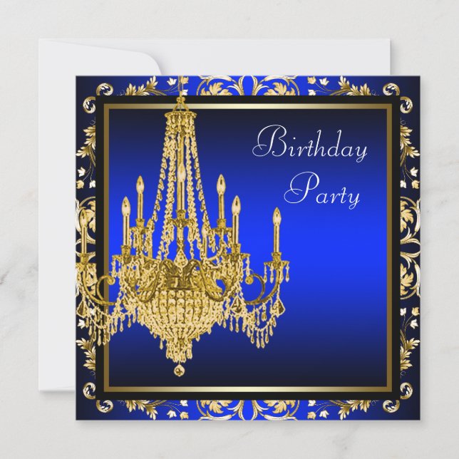 Invitation Royal Blue Gold Damask Chandelier fête d'anniversa (Devant)