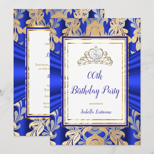Invitation ROYAL Blue Gold Damask gris Tiara fête d'anniversa (Devant / Derrière)