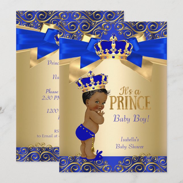 Invitation Royal Blue Gold Damask Prince Baby shower Ethnic (Devant / Derrière)