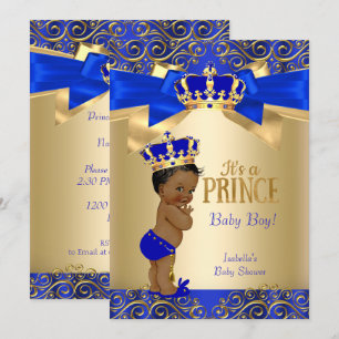 Invitation Royal Blue Gold Damask Prince Baby shower Ethnic