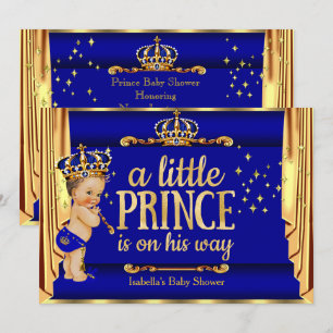 Invitation Royal Blue Gold Drapes Prince Baby shower Brunette