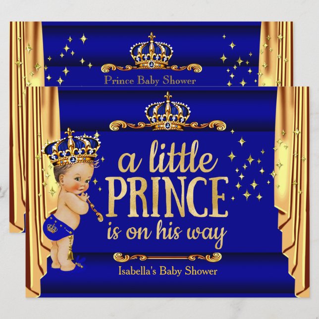 Invitation Royal Blue Gold Drapes Prince Baby shower grand (Devant / Derrière)