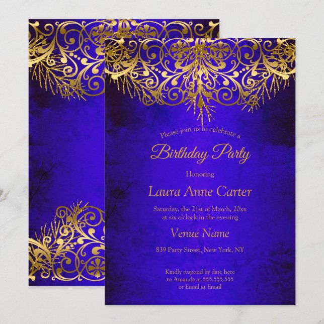 Invitation Royal Blue Gold élégante fête d'anniversaire (Devant / Derrière)