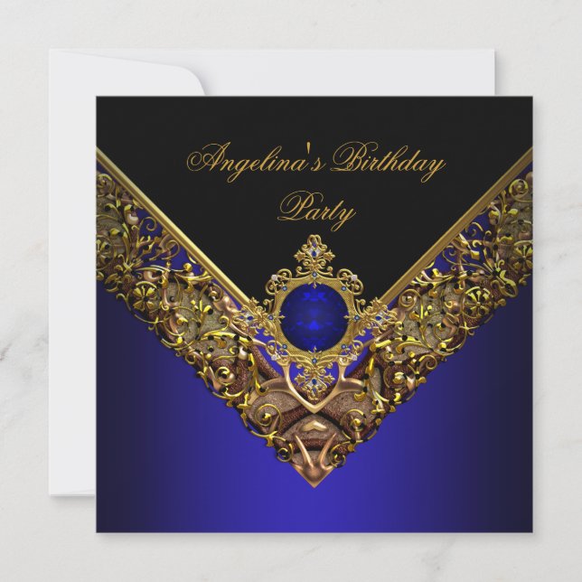 Invitation Royal Blue Gold Élégante fête d'anniversaire (Devant)