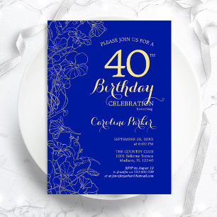 Invitation Royal Blue Gold Floral 40e fête d'anniversaire