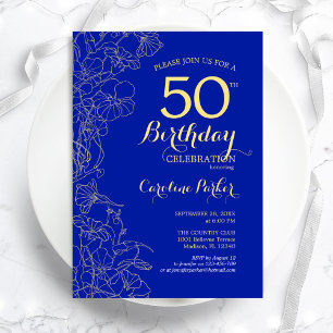 Invitation Royal Blue Gold Floral 50e fête d'anniversaire