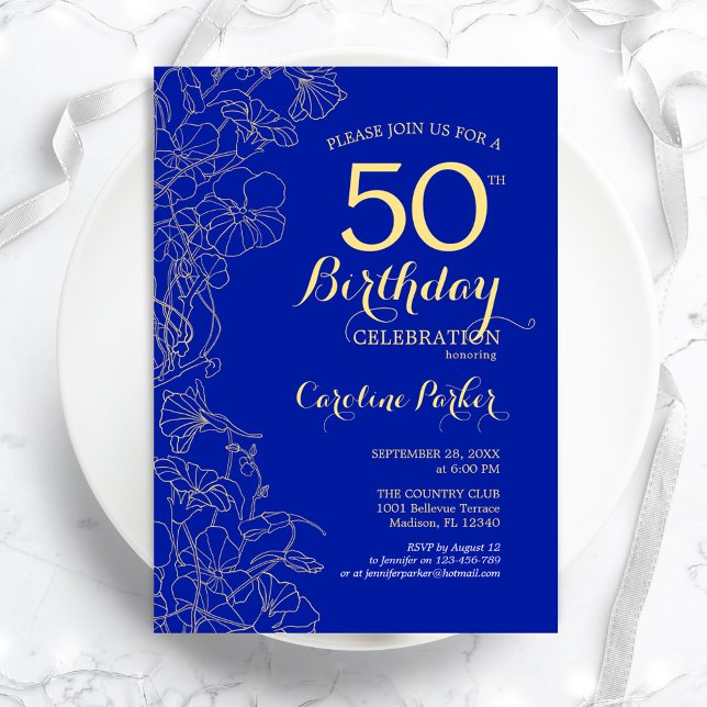 Invitation Royal Blue Gold Floral 50e fête d'anniversaire (Créateur téléchargé)