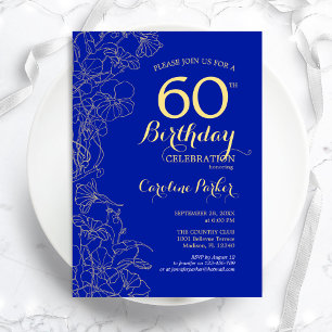 Invitation Royal Blue Gold Floral 60e fête d'anniversaire