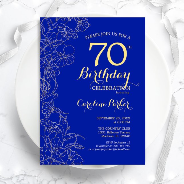 Invitation Royal Blue Gold Floral 70e fête d'anniversaire (Créateur téléchargé)
