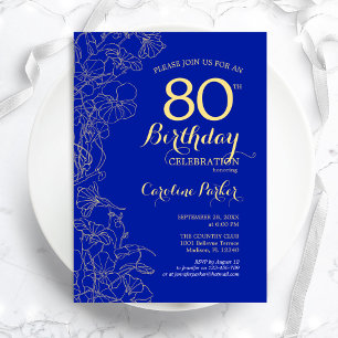Invitation Royal Blue Gold Floral 80e fête d'anniversaire