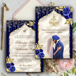 Invitation Royal Blue Gold Floral Anand Karaj Sikh Mariage