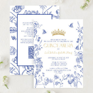 Invitation Royal Blue Gold Floral Butterfly QR Quinceañera