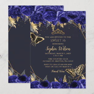 Invitation Royal Blue Gold Floral Butterfly Sweet 16