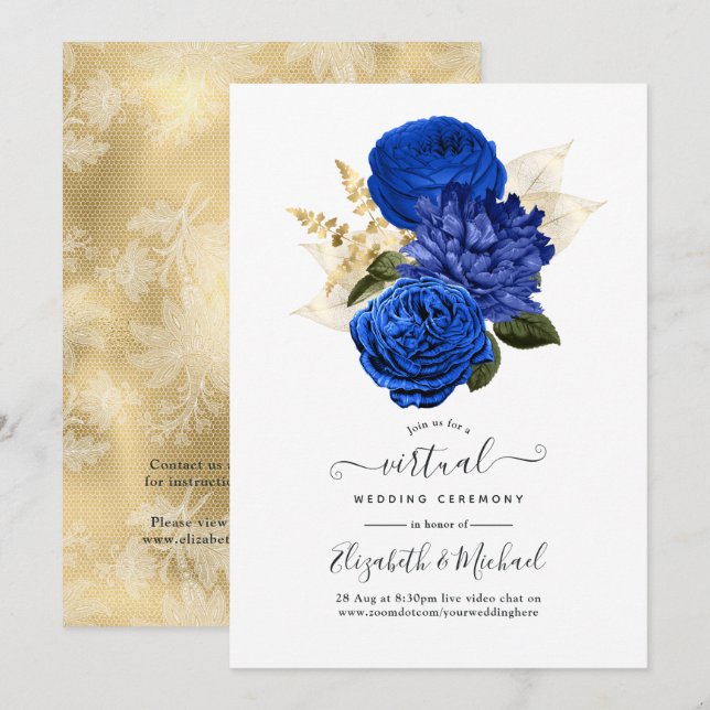 Invitation Royal Blue & Gold Floral et Lace Mariage virtuel (Devant / Derrière)