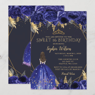 Invitation Royal Blue Gold Floral Princess Sweet 16