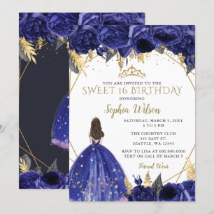 Invitation Royal Blue Gold Floral Princess Sweet 16