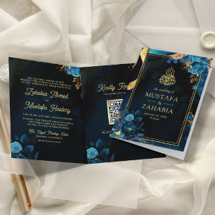 Invitation Royal Blue Gold Floral QR Code Mariage musulman