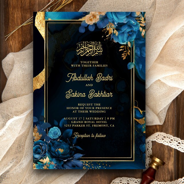 Invitation Royal Blue Gold Floral QR Code Mariage musulman (Créateur téléchargé)