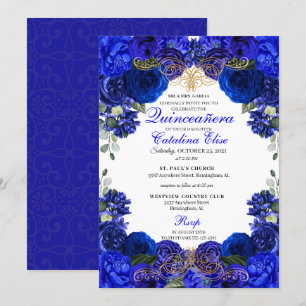 Invitation Royal Blue & Gold Floral Quinceanera Anniversaire